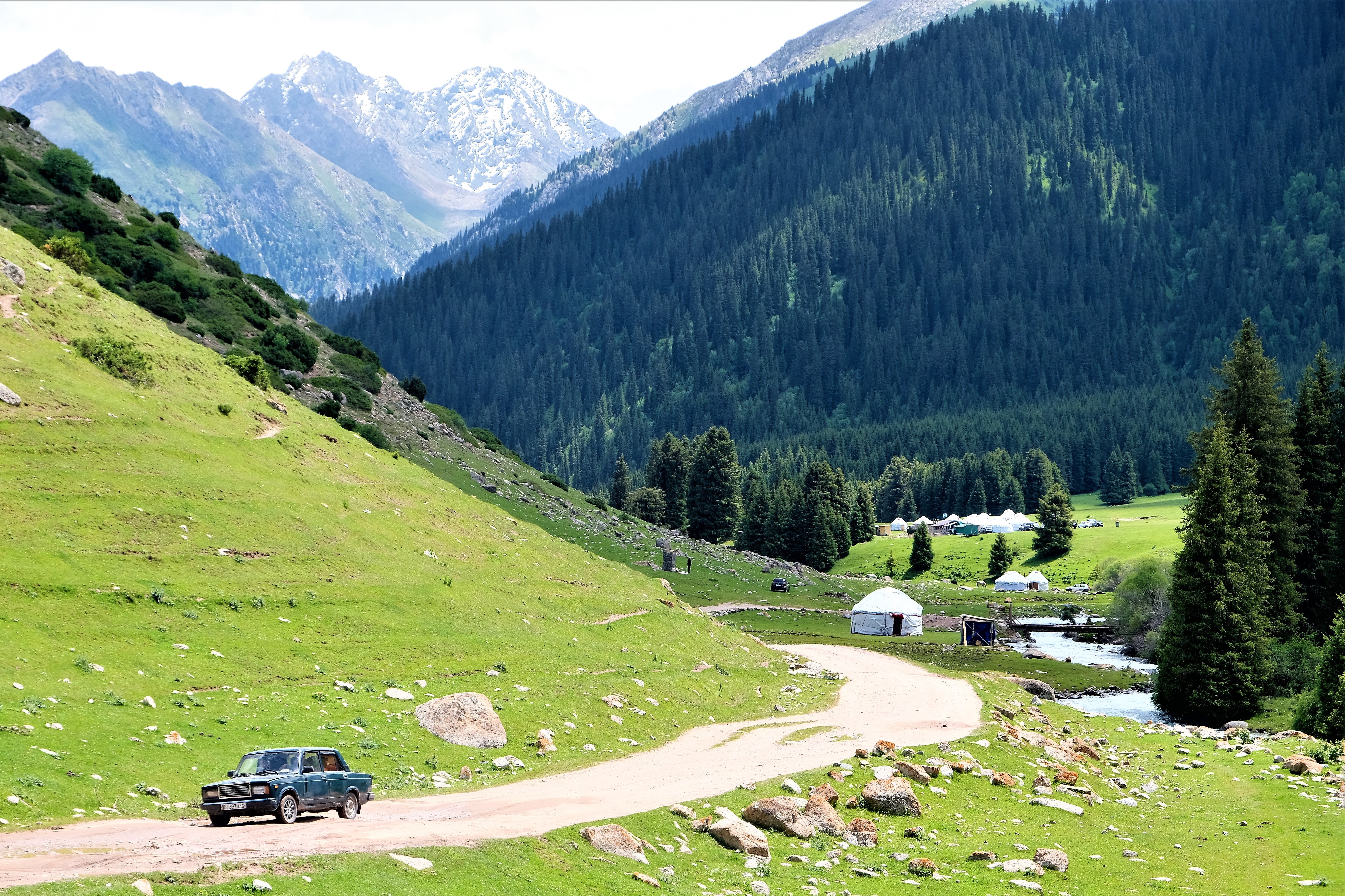 A lada driving through the valley of flowers